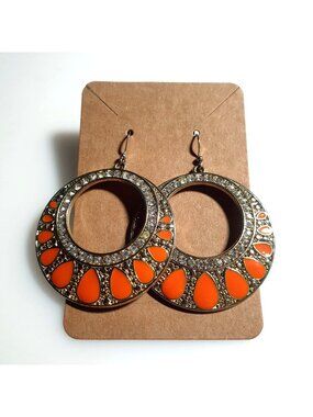 Round Drop Earrings Crystal Gold Tone Orange Embellished Statement Jewelry Boho